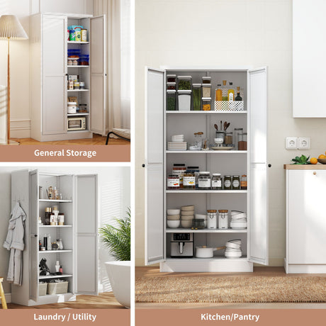 Metal Kitchen Pantry Cabinet With Adjustable Storage And 4 Heavy Duty Shelves - White HouseOfZazla