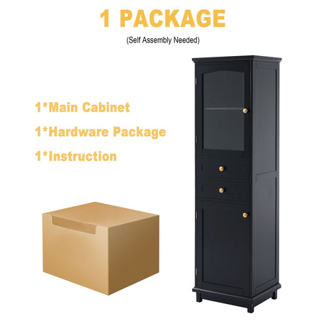 Tall Bathroom Storage Cabinet With Glass Doors, Free-Standing, Two Drawers, And Adjustable Shelves, Board, Painted Perfect For Displaying Your Favorite Items HouseOfZazla