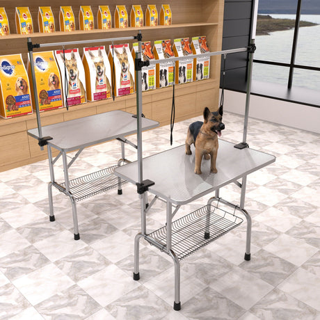 Folding Dog Pet Grooming Table Stainless Steel Frame Rubber Mat On Board With Adjustable Arm And Clamps Pet Dog Cat Grooming Table HouseOfZazla