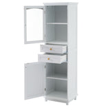 Tall Bathroom Storage Cabinet With Glass Doors, Free-Standing, Two Drawers, And Adjustable Shelves, Board, Painted Perfect For Displaying Your Favorite Items