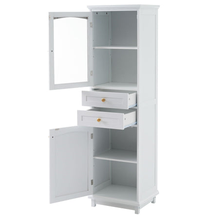 Tall Bathroom Storage Cabinet With Glass Doors, Free-Standing, Two Drawers, And Adjustable Shelves, Board, Painted Perfect For Displaying Your Favorite Items HouseOfZazla