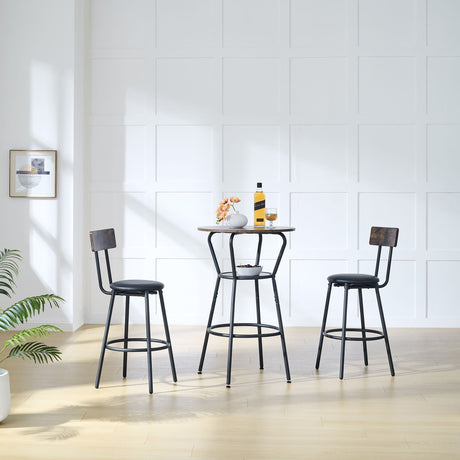 Rustic Brown Round Bar Table And Stool Set With Shelf, Upholstered Stool With Backrest - Antique Brown HouseOfZazla