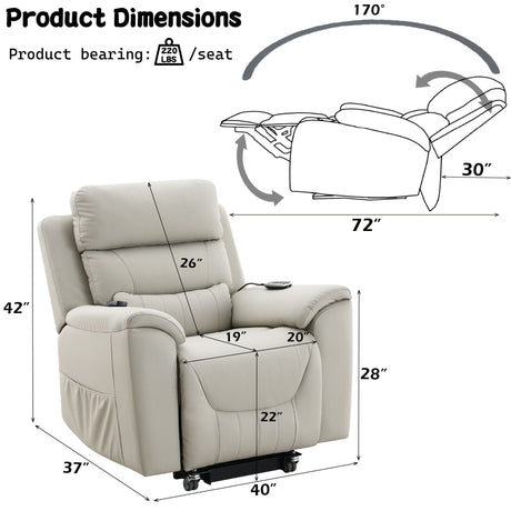 Marsha Silicone Synthetic Leather Power Motion Recliner with Lift Heating Massage Chair - Light Gray HouseOfZazla