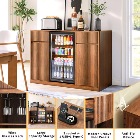 53.2" Fluted Buffet Wine Cabinet with Mini Fridge Nook HouseOfZazla