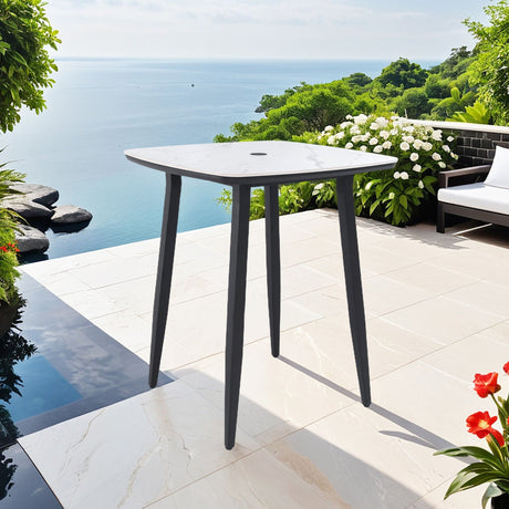 Outdoor Bar Table, Rounded Square Sintered Stone Top With Umbrella Hole, Rust Free Frame, Weatherproof - Ember Black / White HouseOfZazla