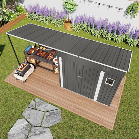 Lean To Shed With Open Sided Pergola, Outdoor Storage Shed & Attached Hardtop Gazebo Combo - Gray HouseOfZazla