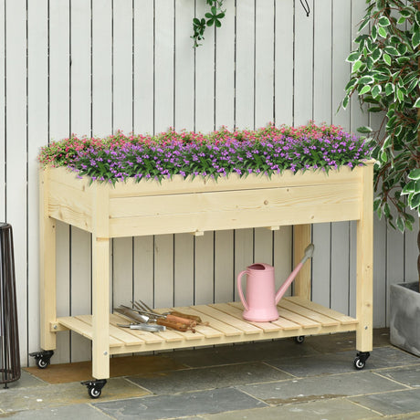 Outsunny - Raised Garden Bed, 47" x 22" x 33", Elevated Wooden Planter Box With Lockable Wheels, Storage Shelf, And Bed Liner For Backyard, Patio - Natural HouseOfZazla