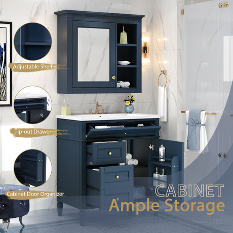 Bathroom Vanity With Medicine Cabinet, Royal Mirror Cabinet, Modern Bathroom Storage Cabinet With 2 Soft Closing Doors And 4 Drawers HouseOfZazla