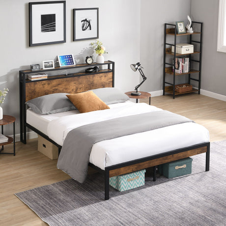 Platform Bed Frame With Wooden Headboard And Footboard, USB Liner HouseOfZazla