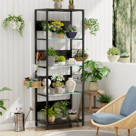 4 Tier Display Shelf With RGB Lights, LED Lighted Curio Cabinet With Adjustable Storage Box & Hooks - Black HouseOfZazla