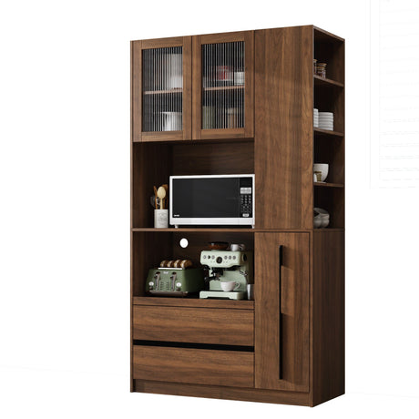 Tall Kitchen Pantry Cabinet With 4 Tier Side Shelf, 2 Drawers, Freestanding Food Hutch With Microwave Stand For Dining Room - Walnut HouseOfZazla