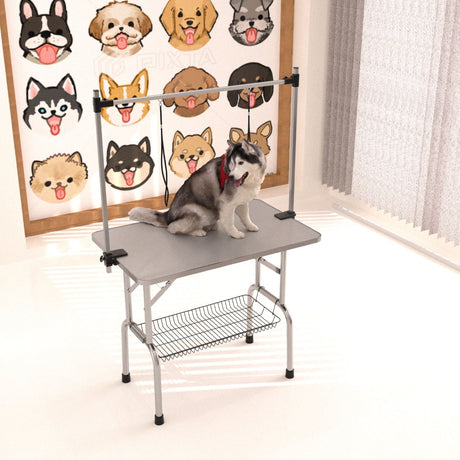 Folding Dog Pet Grooming Table Stainless Steel Frame Rubber Mat On Board With Adjustable Arm And Clamps Pet Dog Cat Grooming Table HouseOfZazla