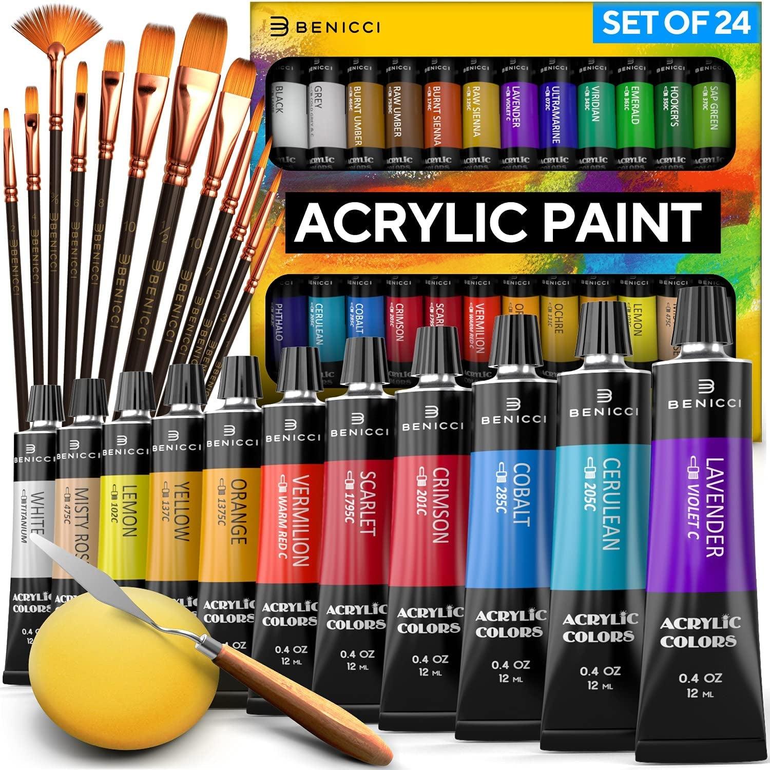 Complete Acrylic Paint Set – 24Х Rich Pigment Colors – 12X Art Brushes with Bonus Paint Art Knife & Sponge WoodArtSupply