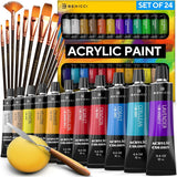 Complete Acrylic Paint Set – 24Х Rich Pigment Colors – 12X Art Brushes with Bonus Paint Art Knife & Sponge WoodArtSupply