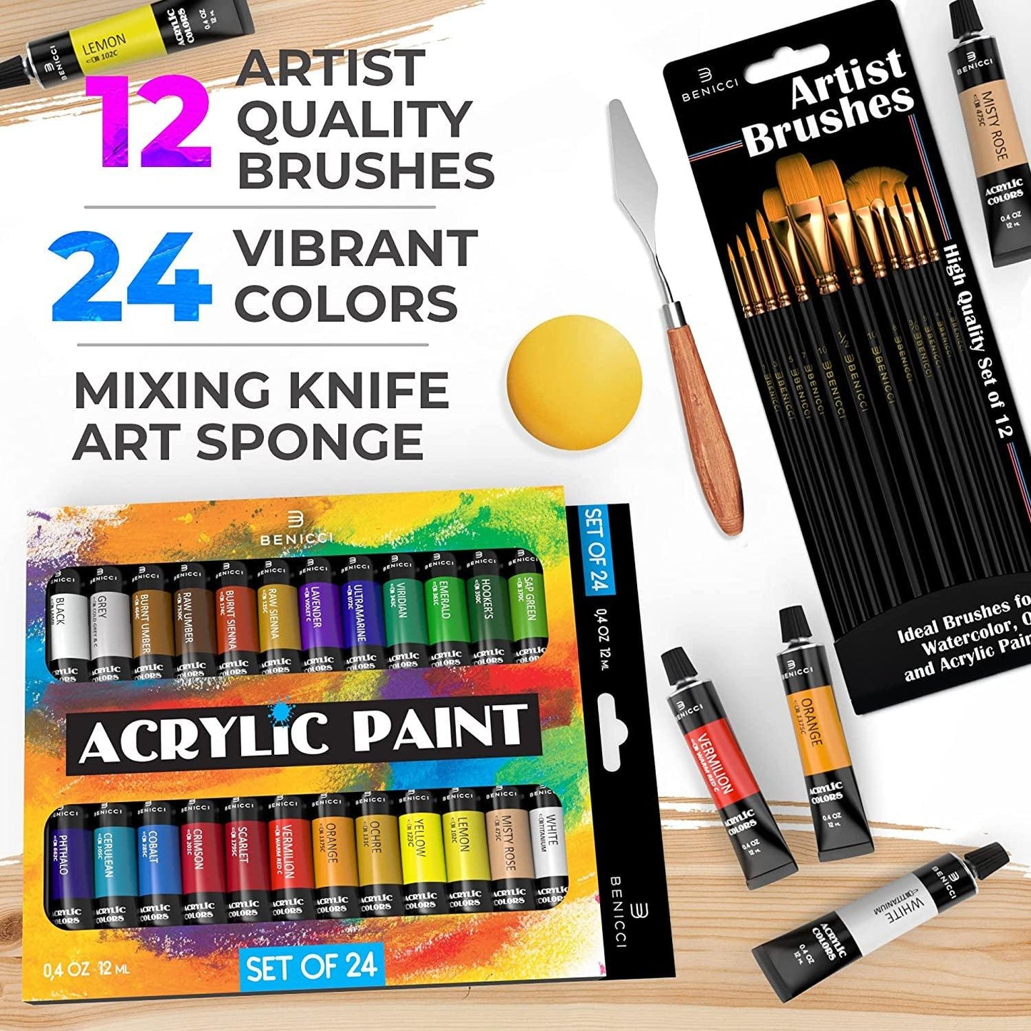 Complete Acrylic Paint Set – 24Х Rich Pigment Colors – 12X Art Brushes with Bonus Paint Art Knife & Sponge - WoodArtSupply