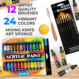 Complete Acrylic Paint Set – 24Х Rich Pigment Colors – 12X Art Brushes with Bonus Paint Art Knife & Sponge WoodArtSupply