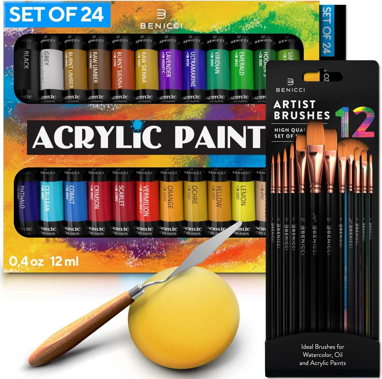 Complete Acrylic Paint Set – 24Х Rich Pigment Colors – 12X Art Brushes with Bonus Paint Art Knife & Sponge WoodArtSupply