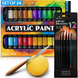 Complete Acrylic Paint Set – 24Х Rich Pigment Colors – 12X Art Brushes with Bonus Paint Art Knife & Sponge WoodArtSupply