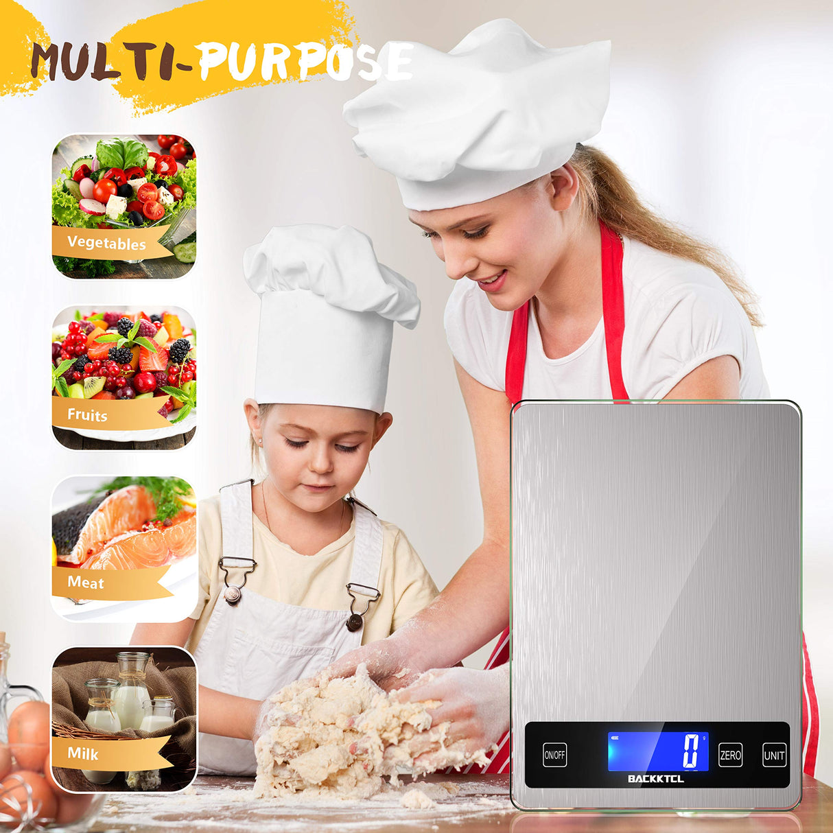 ''Cooking Master' 22lb Digital Kitchen Scale,Food Scale Measures in Grams and Ounces for Weight Cooking Baking,1g/0.1oz Precise Graduation,Stainless Steel and Tempered Glass BACK KTCL