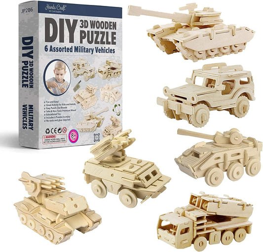 Craft DIY 3D Wooden Puzzle – 6 Assorted Military Vehicles Bundle Pack Set Brain Teaser - WoodArtSupply