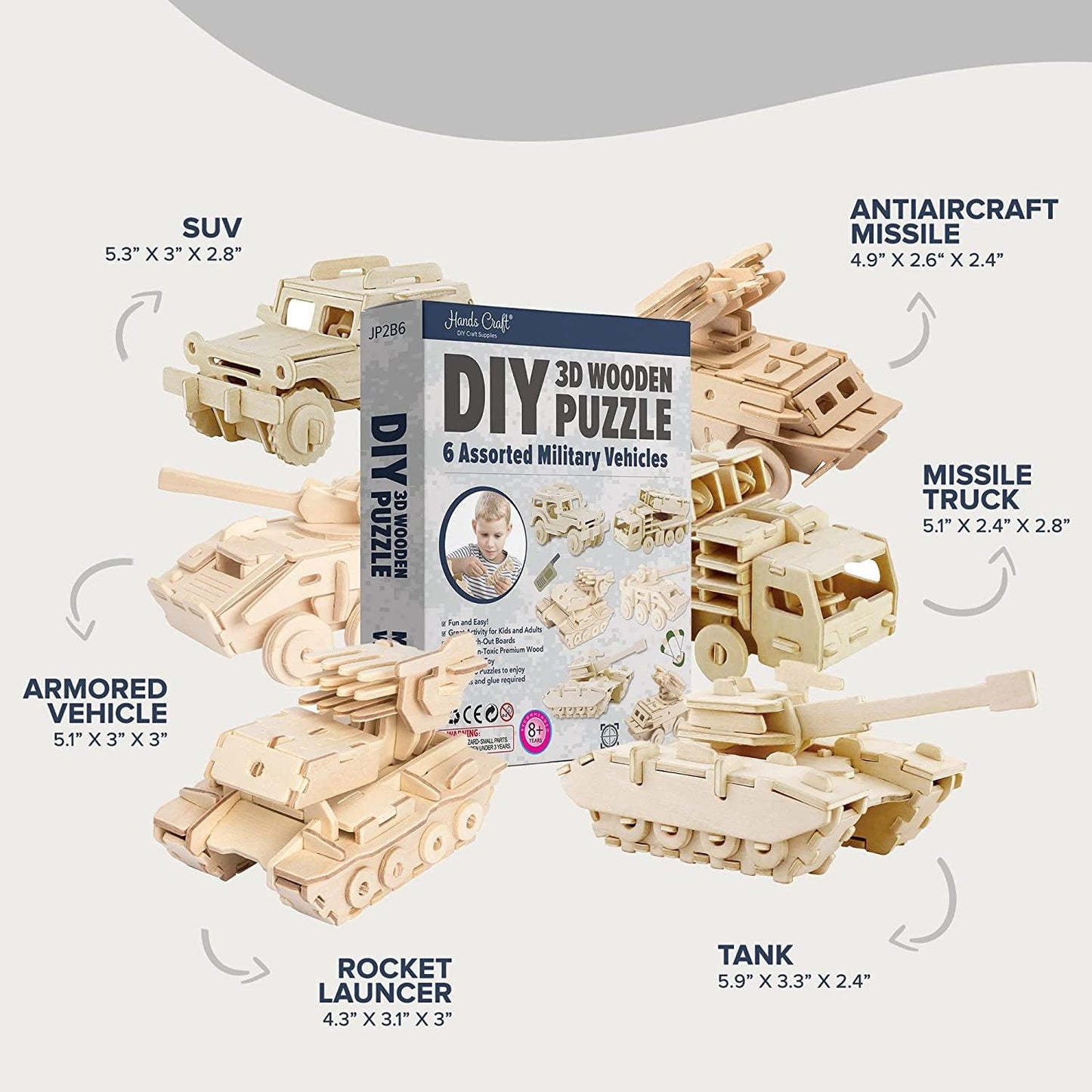 Craft DIY 3D Wooden Puzzle – 6 Assorted Military Vehicles Bundle Pack Set Brain Teaser - WoodArtSupply