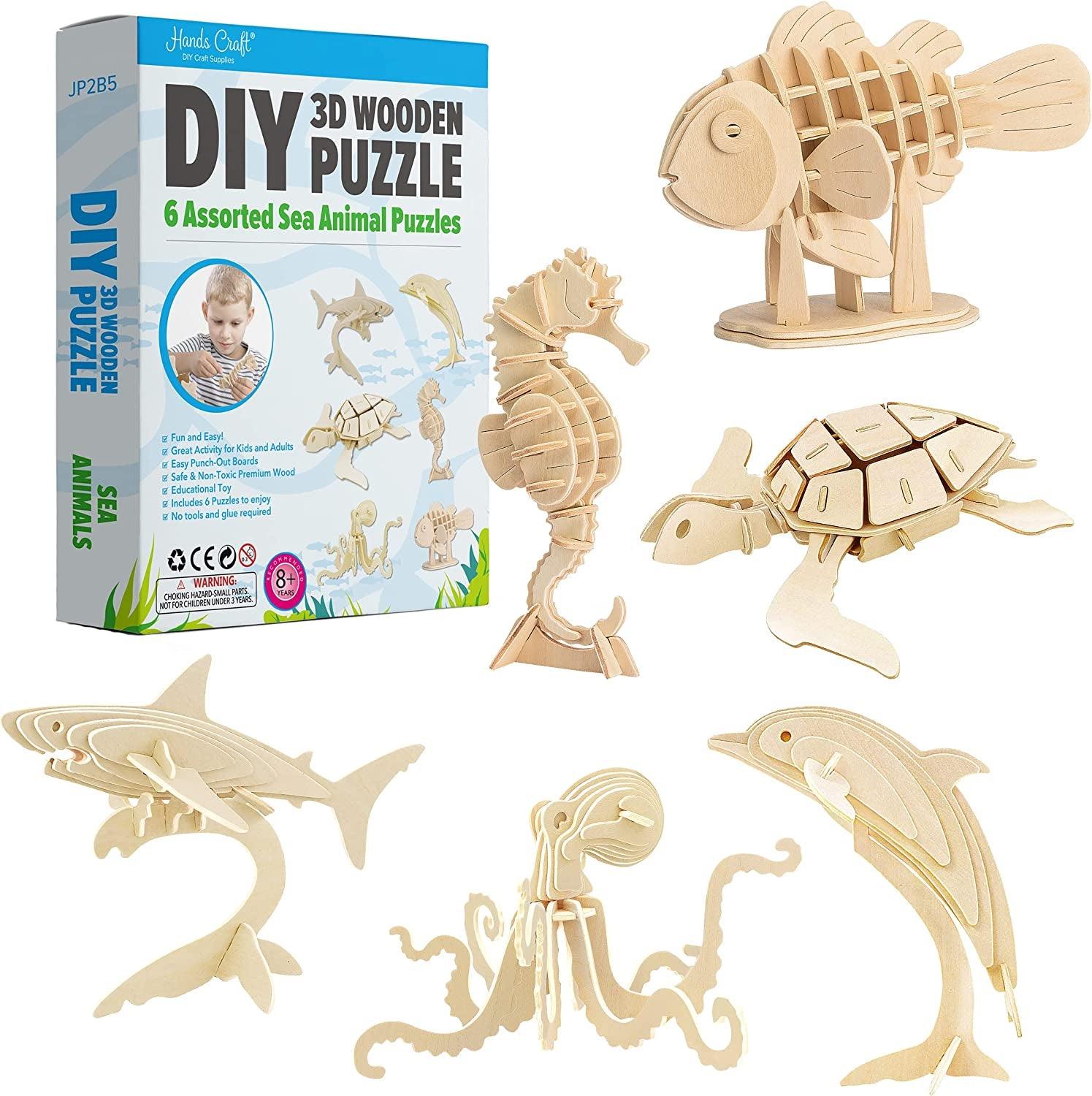 Craft DIY 3D Wooden Puzzle – 6 Assorted Sea Animals Bundle Pack Set Brain Teaser Puzzles Educational STEM Toy WoodArtSupply