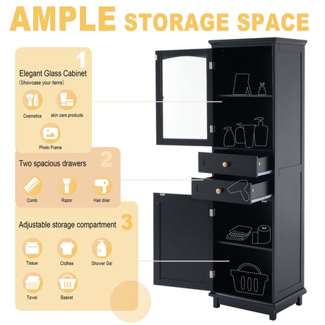 Tall Bathroom Storage Cabinet With Glass Doors, Free-Standing, Two Drawers, And Adjustable Shelves, Board, Painted Perfect For Displaying Your Favorite Items HouseOfZazla