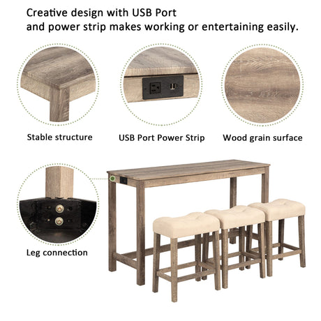 4 Piece Bar Table Set With Power Outlet, 3 Padded Stools HouseOfZazla