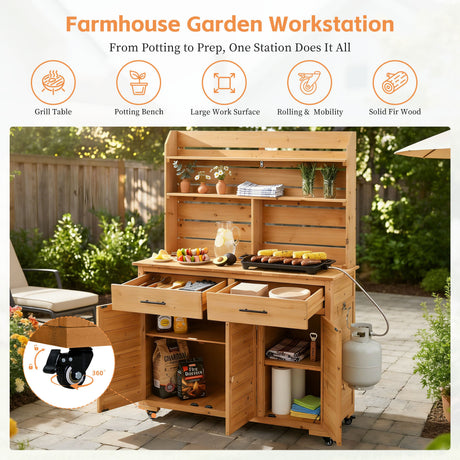 TOPMAX 65''H Large Garden Potting Bench with Lockable Wheels and Storage Cabinet HouseOfZazla