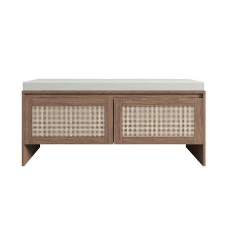 Storage Bench With Cushion, Shoe Cabinet With 2 Doors - Antique Natural / Rattan HouseOfZazla