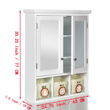 Bathroom Storage Cabinet, Medicine Cabinets For Bathroom With Mirror, 2 Doors 2 Adjustable Shelf & 3 Christmas Style Storage Basket - White HouseOfZazla