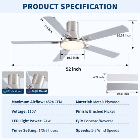 Flush Mount Ceiling Fans With LED Light And Remote Control, 5 Blades HouseOfZazla