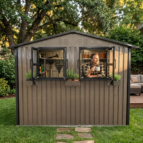 6x9 FT Outdoor Metal Storage Shed with Window & Flower Rack HouseOfZazla