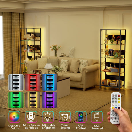 4 Tier Display Shelf With RGB Lights, LED Lighted Curio Cabinet With Adjustable Storage Box & Hooks - Black HouseOfZazla