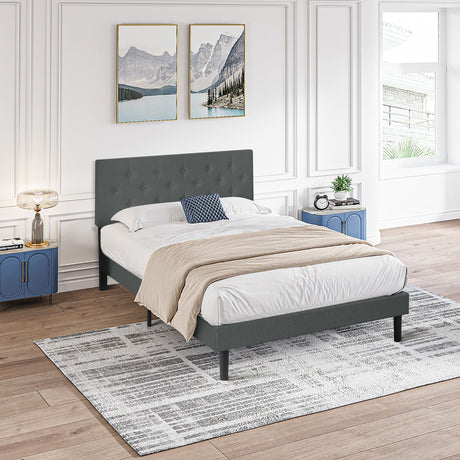 Modern Upholstered Platform Bed Frame With Button Tufted Fabric Headboard HouseOfZazla