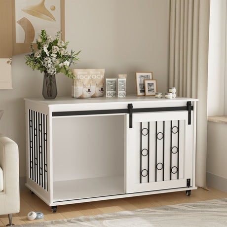 Dog Crate With Sliding Barn Door and Side Access, Lockable Wheels for Small to Medium Dogs - White HouseOfZazla