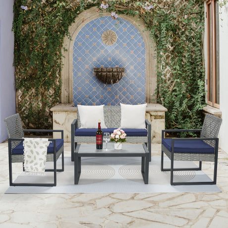 4 Piece Patio Furniture Set With Acacia Wood Table Top And Cushions HouseOfZazla