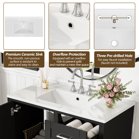 Bathroom Vanity, Modern Bathroom Cabinet With Sink Combo Set, Bathroom Storage Cabinet With A Soft Closing Door And 3 Drawers, Solid Wood Frame HouseOfZazla