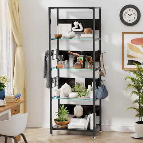 4 Tier Display Shelf With RGB Lights, LED Lighted Curio Cabinet With Adjustable Storage Box & Hooks - Black HouseOfZazla