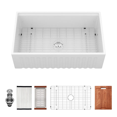 Porcelain Ceramic Farmhouse Sink Workstation With Reversible Apron Design - Single Bowl HouseOfZazla