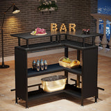 L Shaped Home Mini Bar Table With 2 Tier Shelves & Glass Racks - Black