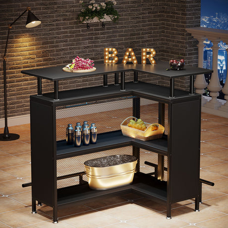 L Shaped Home Mini Bar Table With 2 Tier Shelves & Glass Racks - Black HouseOfZazla