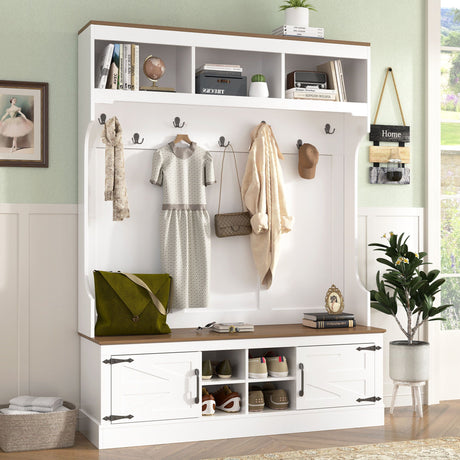 Hall Tree With Bench And Shoe Storage, 5 In 1 Entryway Organizer Cabinet With Coat Rack, 4 Shoe Cubbies & 7 Hooks - White HouseOfZazla