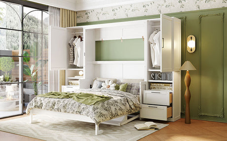 Queen Size Murphy Bed Wall Bed with Closet, Drawers and Shelves, White HouseOfZazla