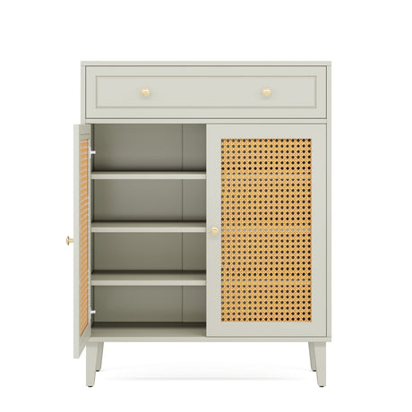 Shoe Cabinet With Rattan Doors And Drawer, 4 Tier Storage Organizer - Mint Green HouseOfZazla