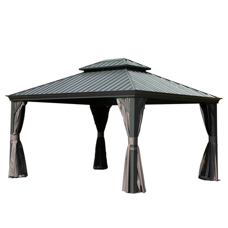 10' x 12' Hardtop Gazebo Outdoor Metal Gazebo with Galvanized Steel Double Roof Canopy, Aluminum Frame, Curtains and HouseOfZazla