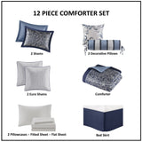 12 Piece Comforter Set with Cotton Bed Sheets Navy Cal King