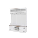 Hall Tree With Bench And Shoe Storage, 5 In 1 Entryway Organizer Cabinet With Coat Rack, 4 Shoe Cubbies & 7 Hooks - White