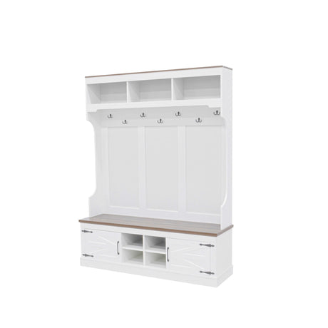 Hall Tree With Bench And Shoe Storage, 5 In 1 Entryway Organizer Cabinet With Coat Rack, 4 Shoe Cubbies & 7 Hooks - White HouseOfZazla