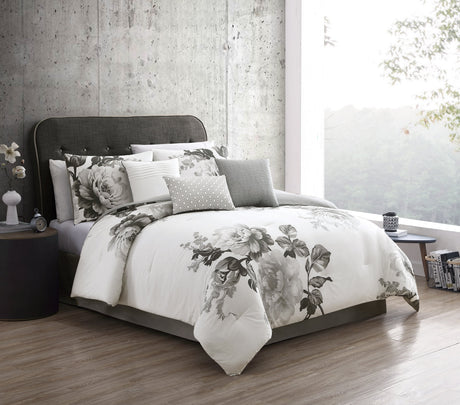 Ridgely 7 Pc Watercolor Black and White Floral Comforter Set HouseOfZazla